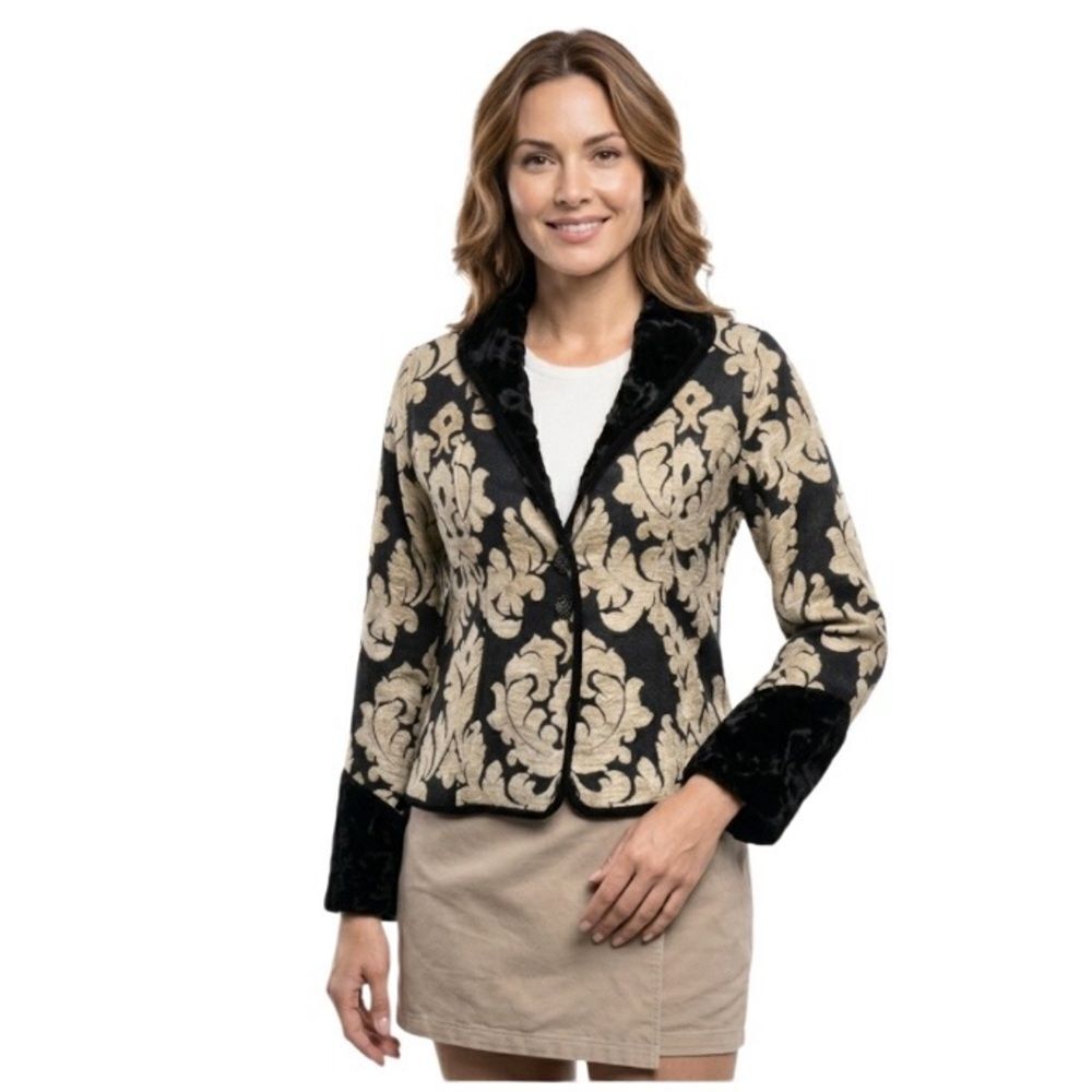 TAPESTRY Jacket Blazer Reversible Black Beige Plush Collar Cuffs 2 Buttons